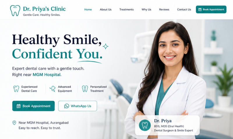 Smile Dental Care clinic website with Dr. Priya's portrait, services pills (RCT, Implants, Whitening, Kids Dentistry), and a 'Book on WhatsApp' CTA — now ranking #1 on Google