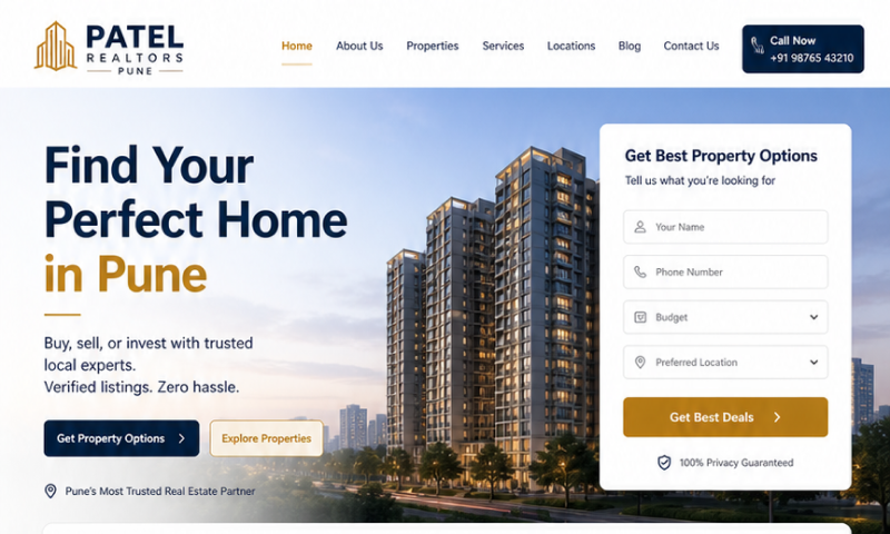 The new Patel Realtors property showcase website with a Pune skyline hero, branded WhatsApp button to Vinay, and a featured listings grid with their own properties only