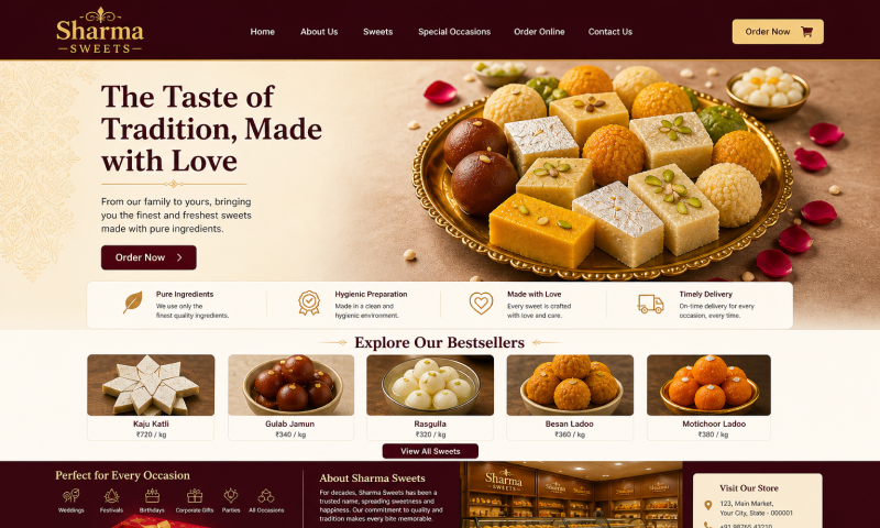 The new Sharma Sweets website with their own branding, a hero showcasing fresh mithai, an 'Order on WhatsApp' button, and shoppable categories for Mithai, Namkeen, and Festive Boxes